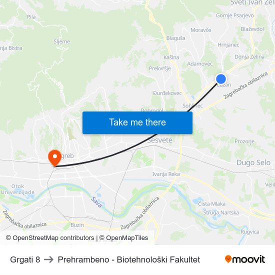 Grgati 8 to Prehrambeno - Biotehnološki Fakultet map