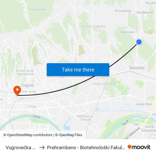 Vugrovečka 42 to Prehrambeno - Biotehnološki Fakultet map