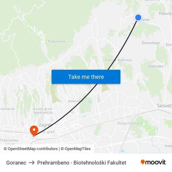 Goranec to Prehrambeno - Biotehnološki Fakultet map