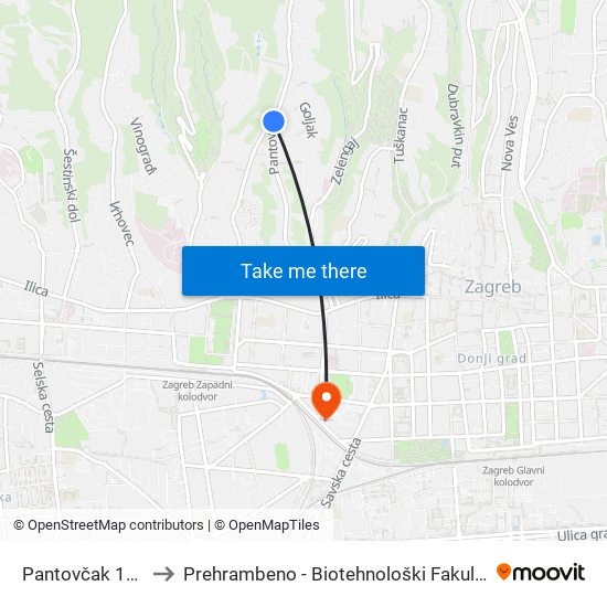 Pantovčak 102 to Prehrambeno - Biotehnološki Fakultet map