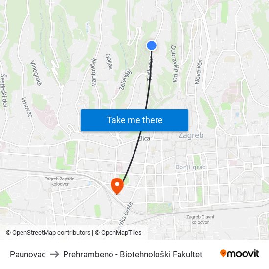 Paunovac to Prehrambeno - Biotehnološki Fakultet map