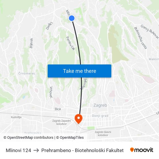 Mlinovi 124 to Prehrambeno - Biotehnološki Fakultet map