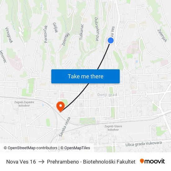 Nova Ves 16 to Prehrambeno - Biotehnološki Fakultet map