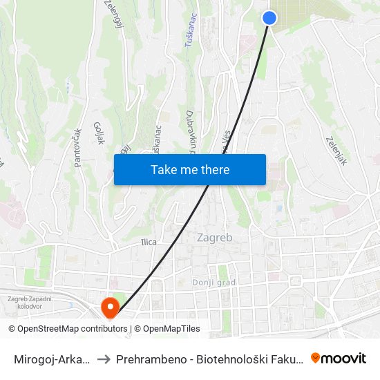 Mirogoj-Arkade to Prehrambeno - Biotehnološki Fakultet map