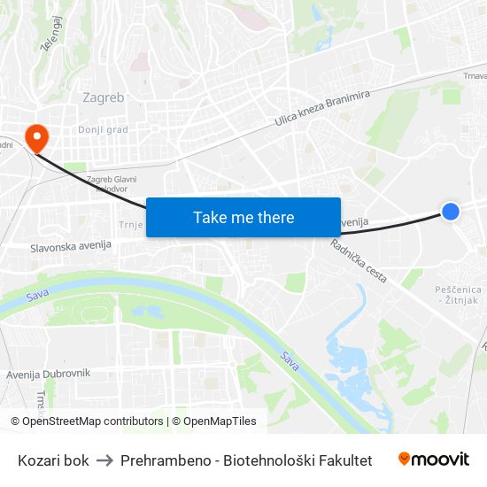 Kozari bok to Prehrambeno - Biotehnološki Fakultet map