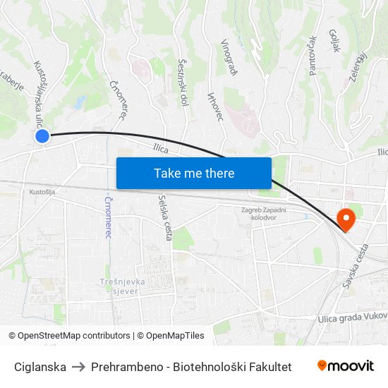 Ciglanska to Prehrambeno - Biotehnološki Fakultet map