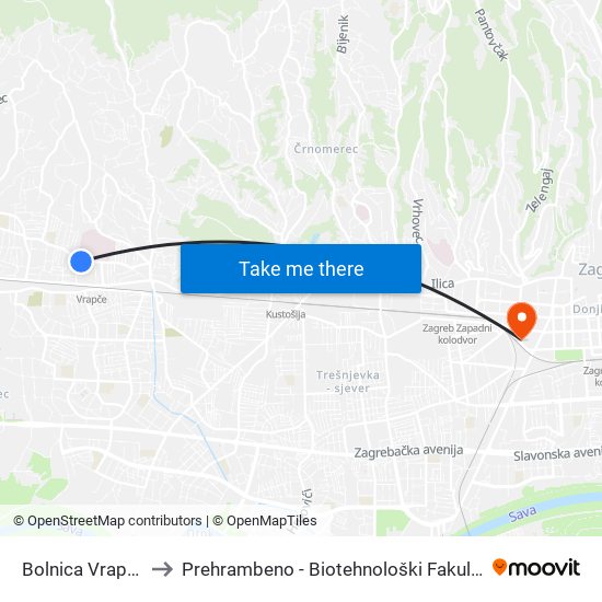 Bolnica Vrapče to Prehrambeno - Biotehnološki Fakultet map