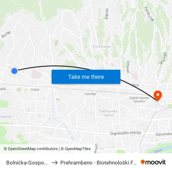 Bolnička-Gospodska to Prehrambeno - Biotehnološki Fakultet map