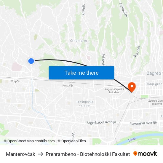 Manterovčak to Prehrambeno - Biotehnološki Fakultet map