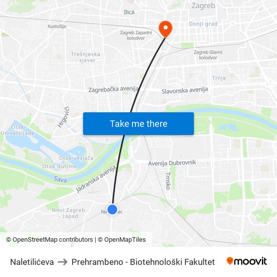 Naletilićeva to Prehrambeno - Biotehnološki Fakultet map