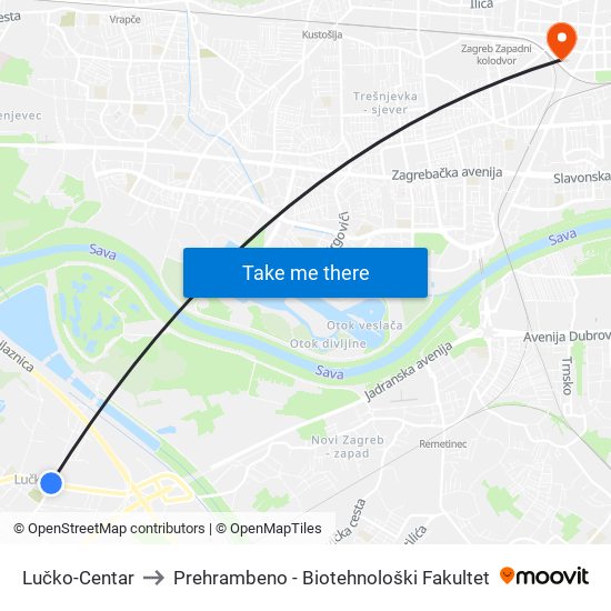 Lučko-Centar to Prehrambeno - Biotehnološki Fakultet map