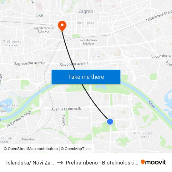 Islandska/ Novi Zagreb 1 to Prehrambeno - Biotehnološki Fakultet map