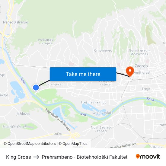 King Cross to Prehrambeno - Biotehnološki Fakultet map
