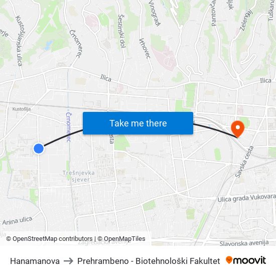 Hanamanova to Prehrambeno - Biotehnološki Fakultet map