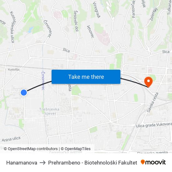 Hanamanova to Prehrambeno - Biotehnološki Fakultet map