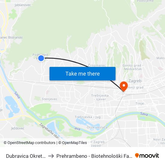 Dubravica Okretište to Prehrambeno - Biotehnološki Fakultet map