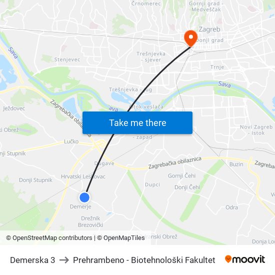 Demerska 3 to Prehrambeno - Biotehnološki Fakultet map