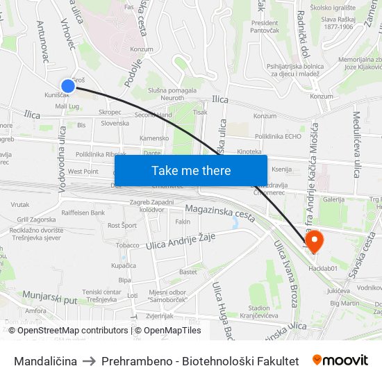 Mandaličina to Prehrambeno - Biotehnološki Fakultet map