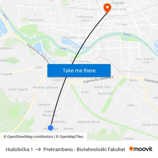 Hudobička 1 to Prehrambeno - Biotehnološki Fakultet map