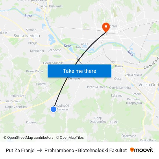 Put Za Franje to Prehrambeno - Biotehnološki Fakultet map