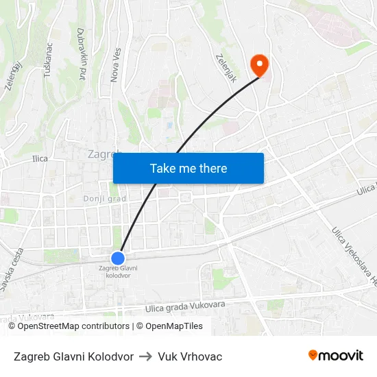 Zagreb Glavni Kolodvor to Vuk Vrhovac map
