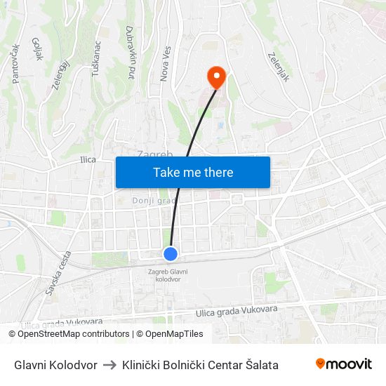 Glavni Kolodvor to Klinički Bolnički Centar Šalata map