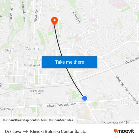 Držićeva to Klinički Bolnički Centar Šalata map