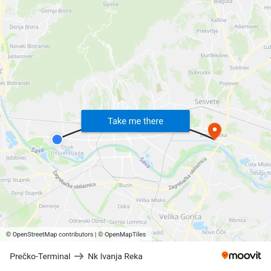 Prečko-Terminal to Nk Ivanja Reka map
