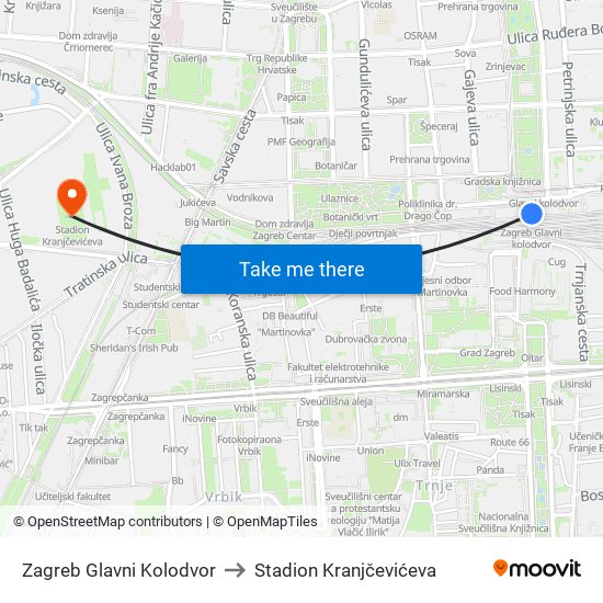 Zagreb Glavni Kolodvor to Stadion Kranjčevićeva map