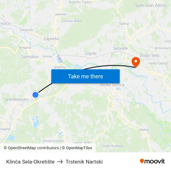Klinča Sela-Okretište to Trstenik Nartski map