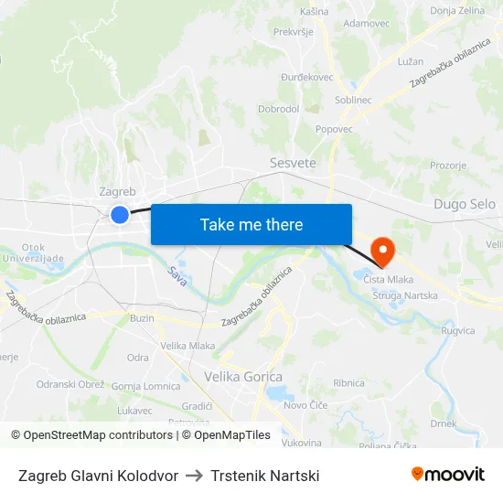 Zagreb Glavni Kolodvor to Trstenik Nartski map