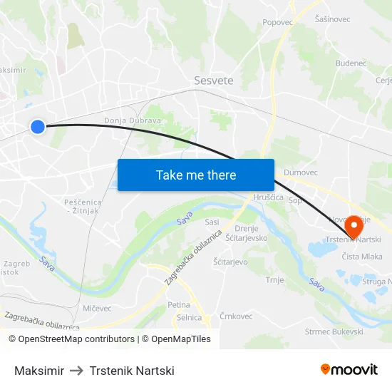 Maksimir to Trstenik Nartski map