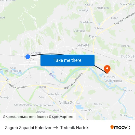 Zagreb Zapadni Kolodvor to Trstenik Nartski map