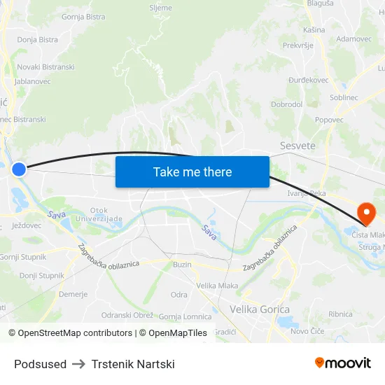 Podsused to Trstenik Nartski map