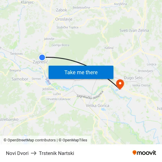 Novi Dvori to Trstenik Nartski map