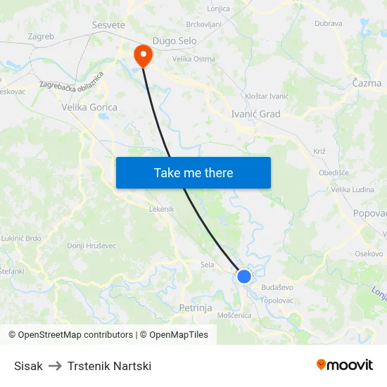 Sisak to Trstenik Nartski map