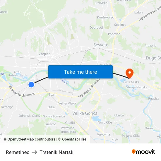 Remetinec to Trstenik Nartski map