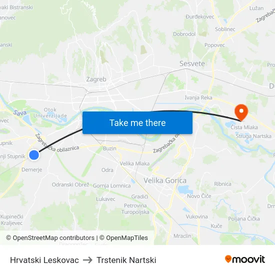 Hrvatski Leskovac to Trstenik Nartski map