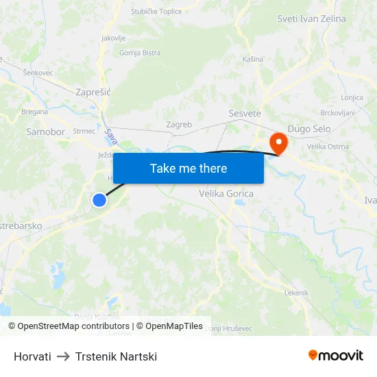 Horvati to Trstenik Nartski map