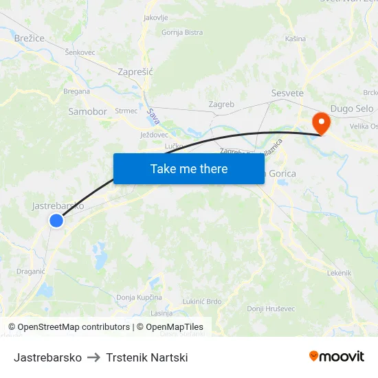Jastrebarsko to Trstenik Nartski map