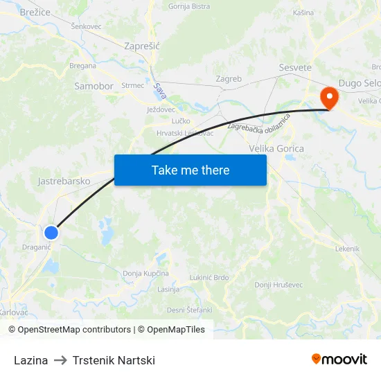Lazina to Trstenik Nartski map