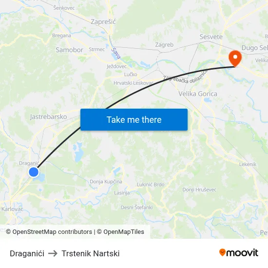 Draganići to Trstenik Nartski map