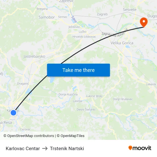 Karlovac Centar to Trstenik Nartski map