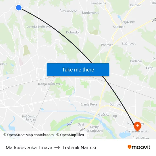 Markuševečka Trnava to Trstenik Nartski map