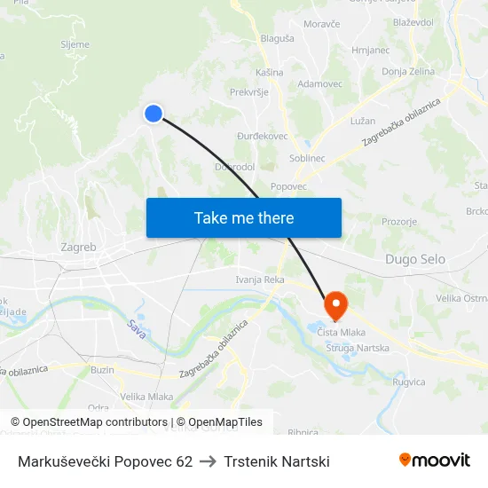 Markuševečki Popovec 62 to Trstenik Nartski map