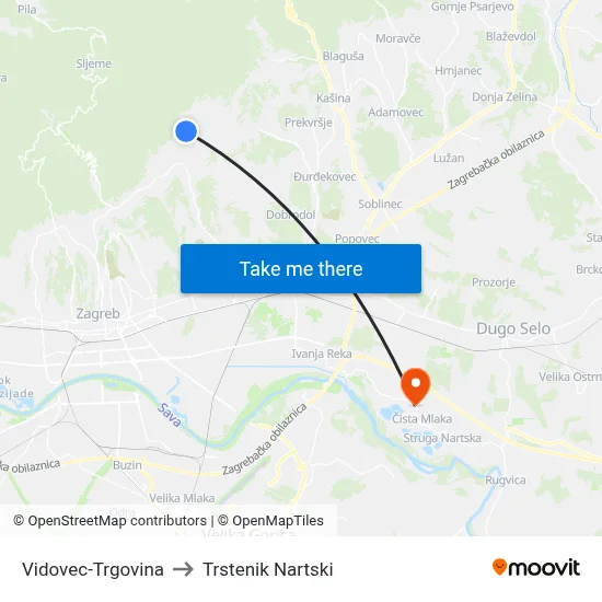 Vidovec-Trgovina to Trstenik Nartski map