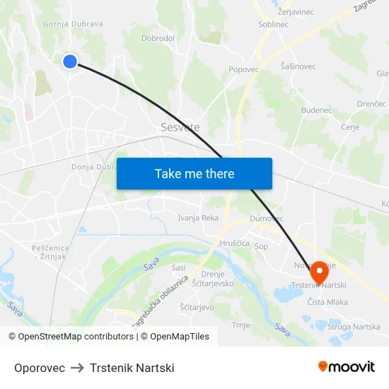 Oporovec to Trstenik Nartski map