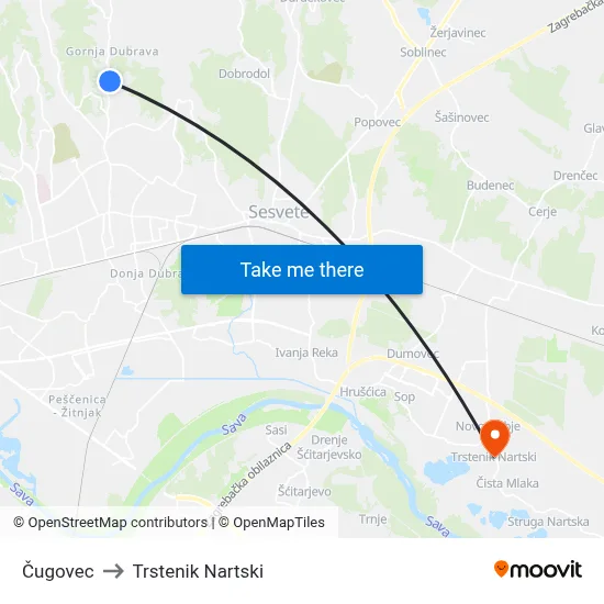 Čugovec to Trstenik Nartski map