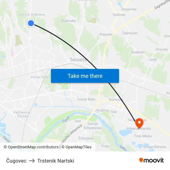 Čugovec to Trstenik Nartski map