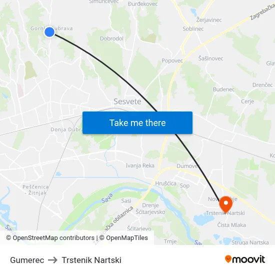 Gumerec to Trstenik Nartski map